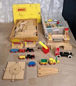 (1) Vintage BRIO Wooden Railway Train Set W/ Track, Vehicles & More