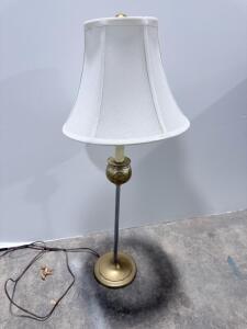 Brass & Chrome Table Lamp, 26" Tall, White Fabric Shade, Classic Design, 60W Max, Inline Switch