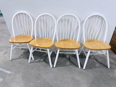 Set of 4 Windsor Style Dining Chairs, Solid Wood, White Frame with Natural Wood Seats