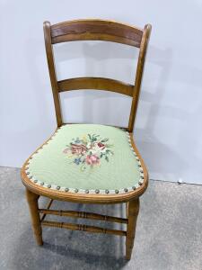 Antique Ladder-Back Wooden Chair with Floral Needlepoint Upholstered Seat, 1930s-1950s