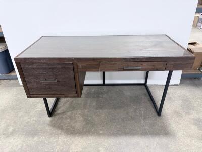Modern Office Desk with Glass Top, Metal Legs, and Dual Drawers 48 in x 24 in