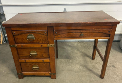 Vintage Oak Campaign Desk With Brass Hardware And Textured Faux Leather Top 44x18.5x30