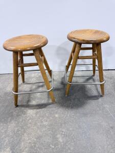 Pair of Wooden Bar Stools with Metal Footrests, 29" Seat Height, Natural Oak Finish