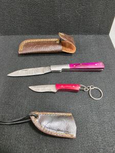 Custom Damascus Steel Fixed-Blade Knives with Dyed Wood Handles and Leather Sheaths