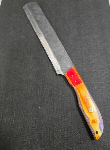 Custom 14" Damascus Steel Bread Knife with Colorful Wood/Resin Handle