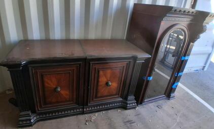 Vintage Wood Entertainment Stand, Dark Finish, Ornate Details