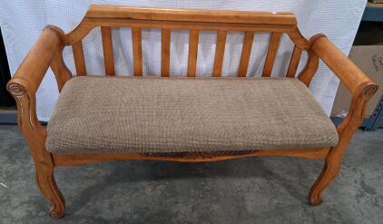 Vintage Wooden Accent Bench with Upholstered Seat, Carved Details, and Spindle Backrest