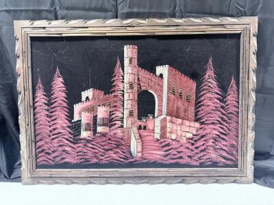 Framed Velvet Painting - Pink Castle Scene by Viera, 24"x36", Carved Wood Frame