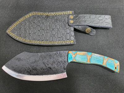 Outdoor/Camping Cleaver Knife with Dyed Burl Wood Handle and Faux Leather Sheath