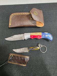 Custom Damascus Pocket Knife & Mini Keychain Knife Set &ndash; Leather Sheaths, Color Wood Handles