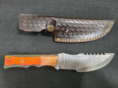 Damascus Steel Drop Point Fixed Blade Knife, Multicolor Laminated Handle, Leather Sheath, Mosaic Pin