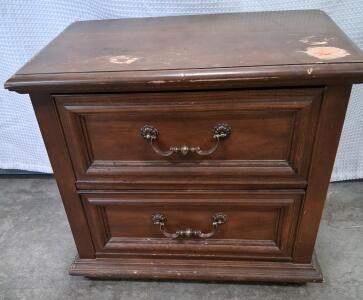 2-Drawer Traditional Wooden Nightstand, Brown Finish, Ornate Brass Handles, Vintage Style