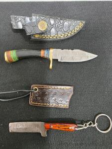 Handmade Damascus Fixed-Blade Knife with Tooled Leather Sheath and Mini Cleaver Keychain Set