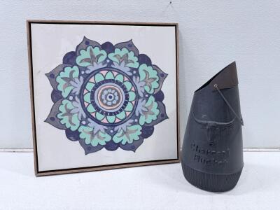 Framed 18"x18" Mandala Floral Wall Art, Glass Cover, Wood Frame, Blue-Green, Boho Style