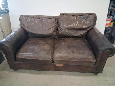 Dark Brown Leather Loveseat Sofa with Rolled Arms and Nailhead Trim