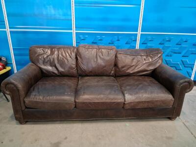 Brown Leather 3-Seater Sofa with Rolled Arms and Removable Cushions