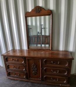 Vintage Wooden Dresser with Mirror, 6 Drawers, Central Door, Ornate Detailing