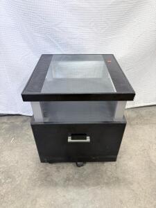 Modern Black Glass-Top Rolling Side Table with Drawer and Metal Handle, 18"x18"x22"