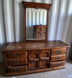 Traditional 6-Drawer 2-Door Dresser with Mirror, Medium-Dark Brown, Ornate Hardware