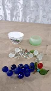 (1) Vintage Hammersley Victorian Violets 3-Part Divided Dish, (1) Bareuther Waldsassen Germany Sugar Bowl W/ Lid, (3) Bohemian Cordial Glasses, (1) 1-Glass Pitcher W/ (5) Glasses, (2) Glass Grape Clusters & (1) Small Ceramic Cup & (1) Small Glass Vase