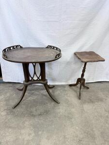 Pair Antique Wooden Side Tables &ndash; Tray Top With Fretwork & Scalloped Tripod Base Accent Table
