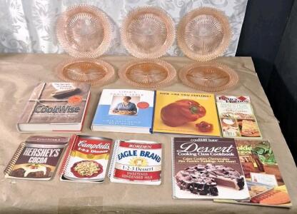 (6) Vintage Anchor Hocking Pink Depression Glass Miss America Grill Divided Plates, 10.25" & (10) Assorted Cookbooks