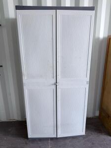 Tall Plastic Storage Cabinet with 2 Doors, White with Dark Grey Accents, Locking Mechanism