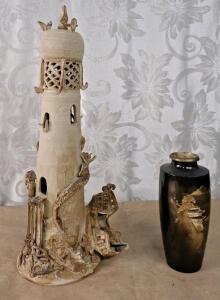 (1) 16" Ceramic Lighthouse & (1) 8" Japanese Style Enamled Brass Vase