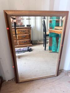 Medium Brown Wood Framed Wall Mirror with Carved Rope Accent, Approx. 30" x 22"