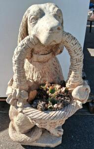 Concrete Dog Garden Planter Statue with Basket Design and Succulents