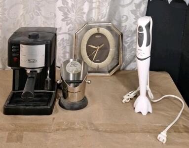 (1) DeLonghi Caffe Treviso Pump Driven Espresso/Cappuccino Maker, Model EC-140B, (1) Braun Multiquick 300-Watt Immersion Hand Blender & (1) Wall Clock