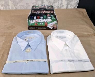 (2) Non Iron Men's Dress Shirts, Long Sleeve, Size 19 34/35, (1) Ivory, (1) Light Blue & (1) Texas Hold Em Poker Set