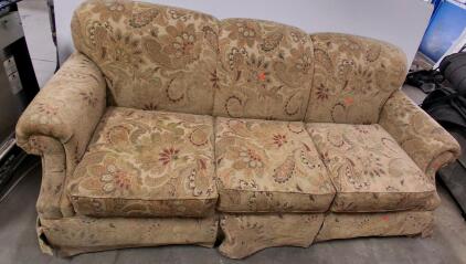 Three-Seat Sofa, Floral Beige Upholstery, Rolled Arms, Skirted Base