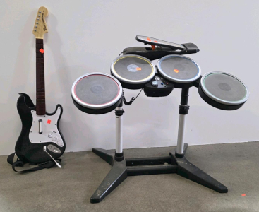 Xbox 360 Rock Band Fender Stratocaster Guitar and Drum Kit Controllers