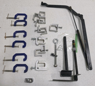 Mixed Lot of Clamps and Hardware Tools &ndash; 6 Blue C-Clamps, 7 Aluminum U-Bolt Clamps, Assorted Hardware