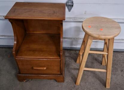 Traditional Wooden Nightstand with Drawer and Open Shelf, Medium-Dark Brown Finish and Bar Stool