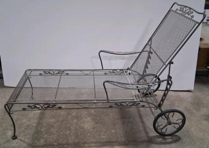 Vintage Wrought Iron Patio Chaise Lounge Chair with Adjustable Backrest and Wheels
