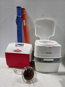 Thetford Porta Potti 365 Portable Toilet, Igloo Playmate Cooler, 2 Rod Tubes, Working Clamp Heat Lamp