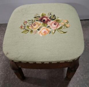 Antique Needlepoint Floral Wooden Stool, Vintage Upholstered Footstool, 1940s-50s