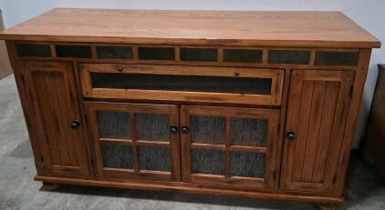 Large Oak Sideboard Buffet with Textured Glass Doors and Decorative Accent Panels, Classic Design
