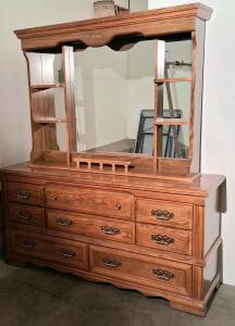 Oak Dresser with Mirror, 9 Drawers, Shelves, Brass Pulls