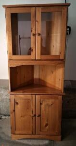 Natural Pine Corner Hutch Cabinet, Glass Display Top, 4 Doors