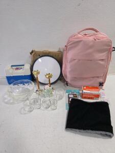 Mixed Lot: 12" LED Ceiling Light, Pink Backpack, Coleman Cooler, Glassware, Decor, Ramset Fasteners