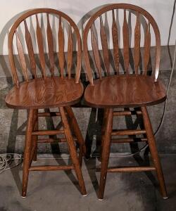Pair Windsor-Style Solid Oak Wood Bar Stools, Spindle Back, Medium Brown Finish