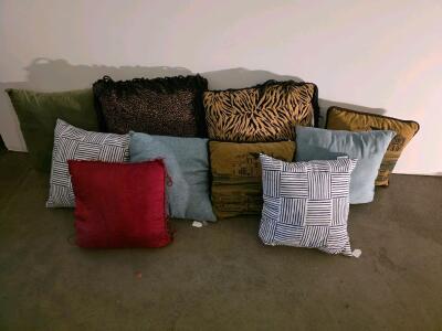 Lot of 9 Assorted Decorative Throw Pillows - Mixed Patterns, 18x18&rdquo;, Various Materials
