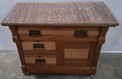Marble Top Washstand 5 Drawers, Solid Oak, Ornate Brass Hardware (Marble Top Comes Off)