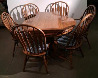 Oval Oak Dining Table Set with 6 Windsor Chairs, Leaf Extension, Cushions, Medium Brown Finish