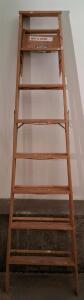 8 ft Wood Step Ladder, 6 Steps, 225 lb Load Capacity, Tool Tray Top
