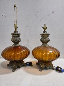 Vintage 1960s Amber Glass Table Lamps with Ornate Metal Bases, 28" Tall