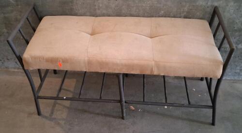 Upholstered Metal Storage Bench, Beige Cushion, Sturdy Frame, Lower Rack